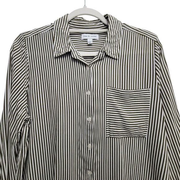 Alex & Jordan Green Striped Long Sleeve Button Up Blouse Large - Picture 3 of 9